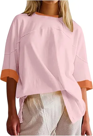 Women Oversized Color Block 3/4 Sleeve T Shirt Crewneck Patchwork Split Hem Shirt Casual Loose Summer Tee Tops