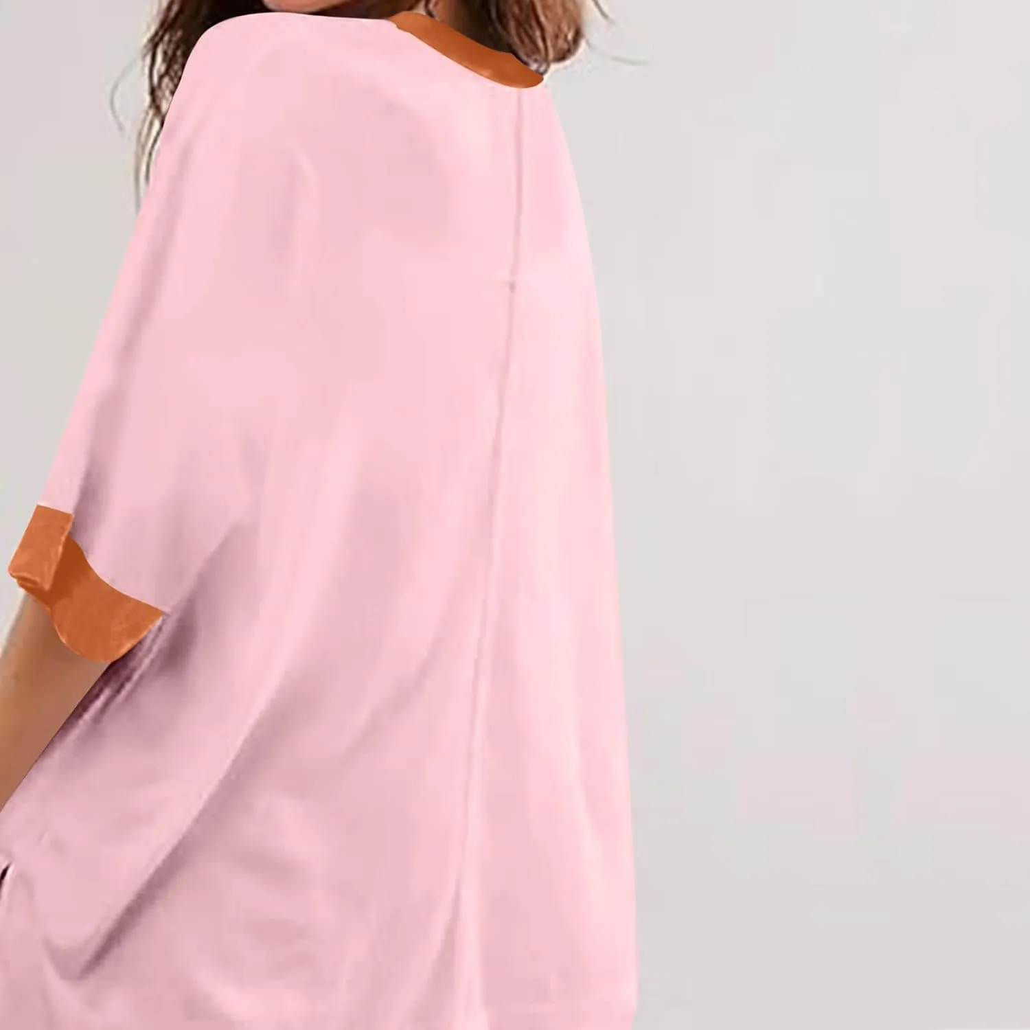 Women Oversized Color Block 3/4 Sleeve T Shirt Crewneck Patchwork Split Hem Shirt Casual Loose Summer Tee Tops