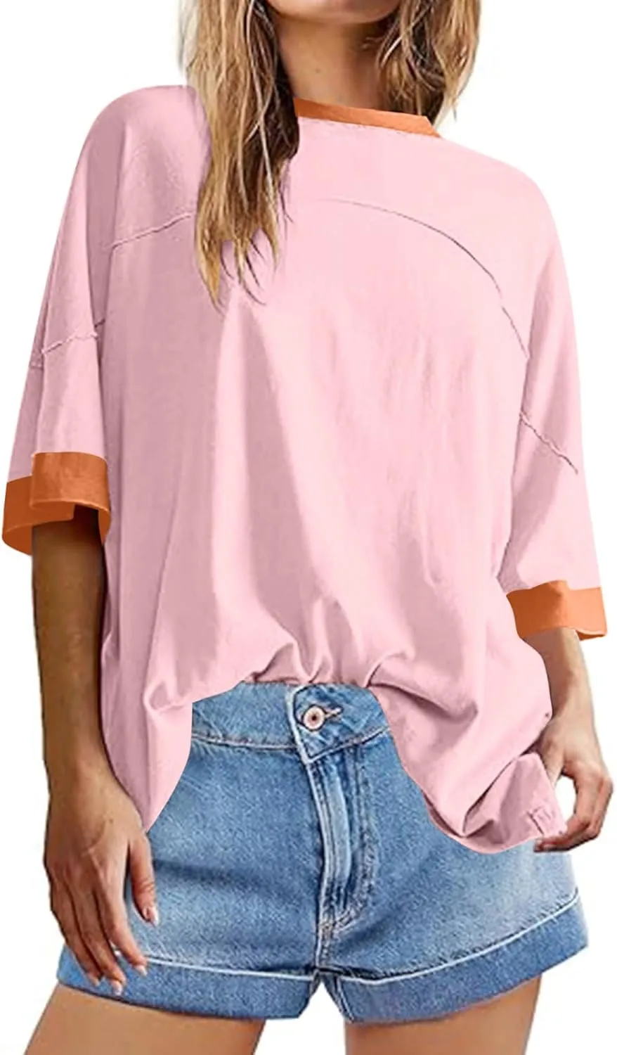 Women Oversized Color Block 3/4 Sleeve T Shirt Crewneck Patchwork Split Hem Shirt Casual Loose Summer Tee Tops