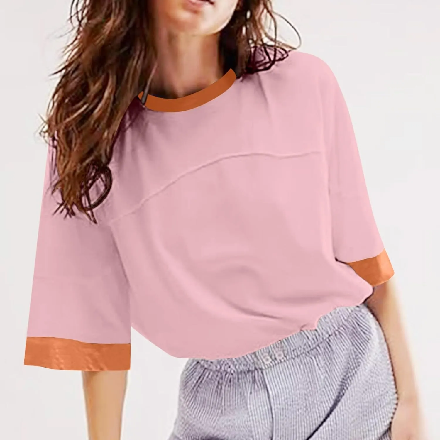 Women Oversized Color Block 3/4 Sleeve T Shirt Crewneck Patchwork Split Hem Shirt Casual Loose Summer Tee Tops