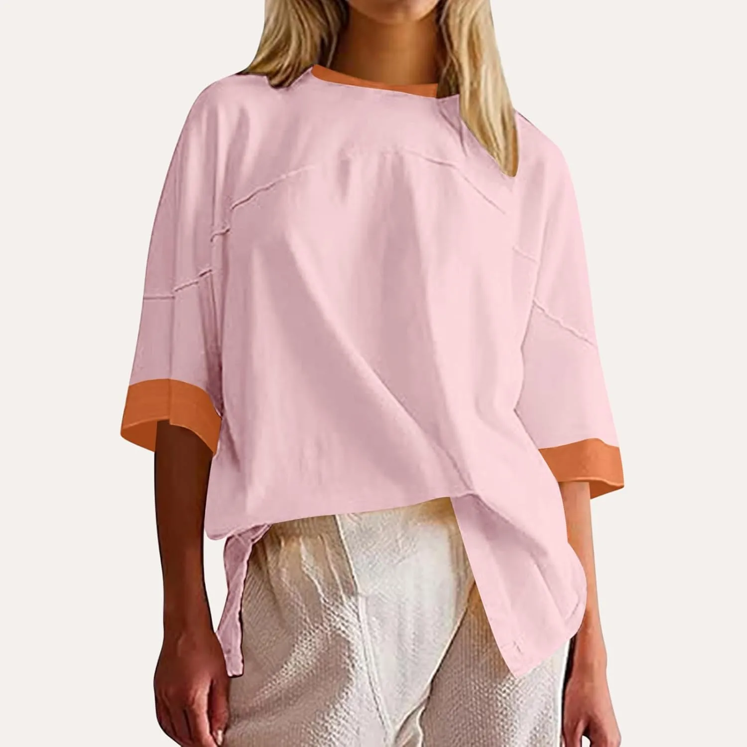 Women Oversized Color Block 3/4 Sleeve T Shirt Crewneck Patchwork Split Hem Shirt Casual Loose Summer Tee Tops