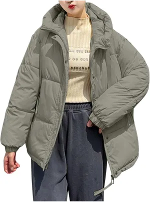 Women Oversized Puffer Jackets Warm Winter Down Coat with Hood Pockets Casual Long Sleeve Zipped Quilted Coat Outwear