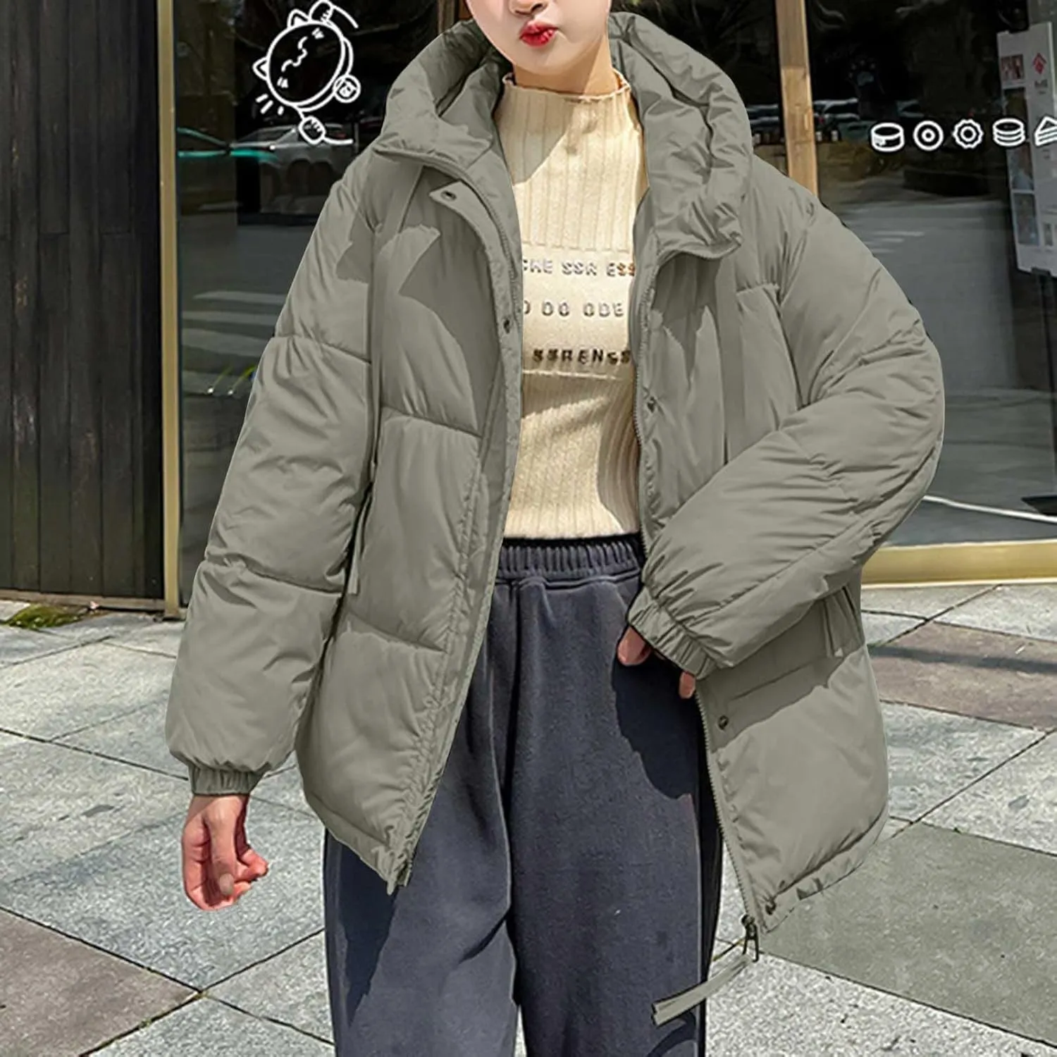 Women Oversized Puffer Jackets Warm Winter Down Coat with Hood Pockets Casual Long Sleeve Zipped Quilted Coat Outwear