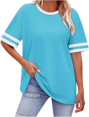Women Oversized T Shirts Workout Short Sleeve Top Casual Loose Basic Tees Summer Trendy Crewneck Color Block Blouse 2025