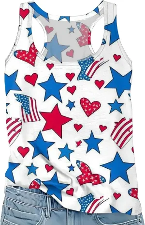 Women Patriotic 4th of July Tank Tops Crewneck Sleeveless American Flag Print Vest Star USA Flag Tee Summer Shirts