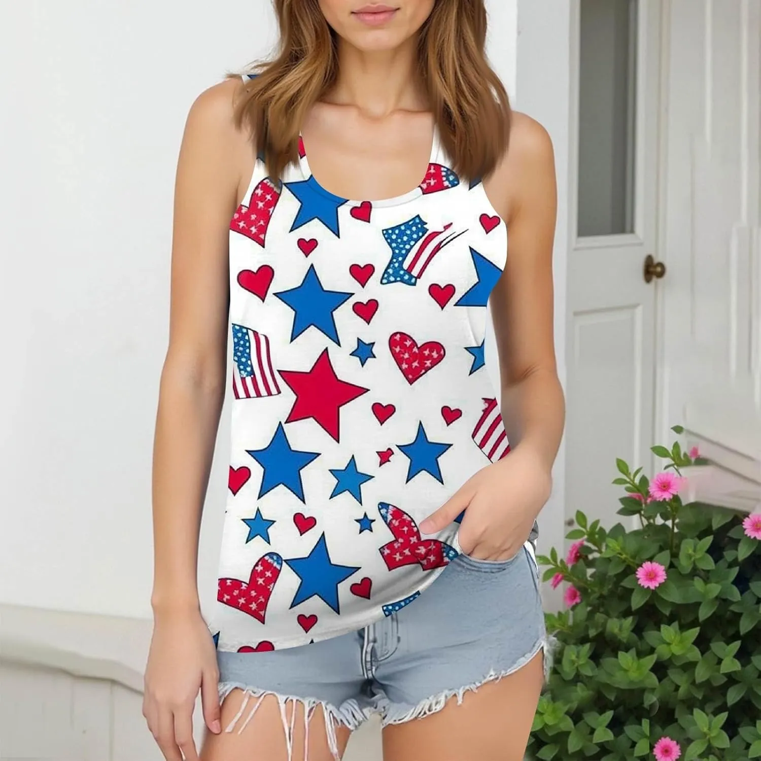 Women Patriotic 4th of July Tank Tops Crewneck Sleeveless American Flag Print Vest Star USA Flag Tee Summer Shirts