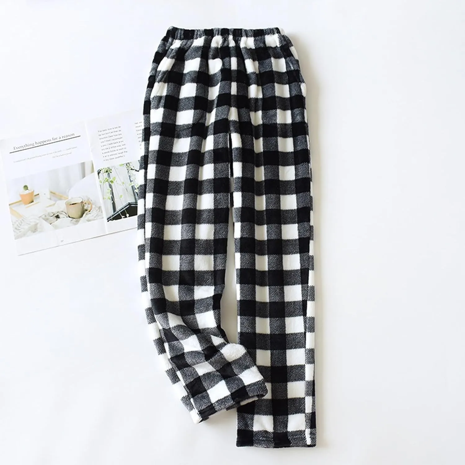 Women Plaid Fleece Pajama Pant Straight Leg Casual Elastic Waist Fluffy Home Trousers Winter Warm Trendy Plush Pants