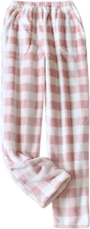 Women Plaid Fleece Pajama Pant Straight Leg Casual Elastic Waist Fluffy Home Trousers Winter Warm Trendy Plush Pants