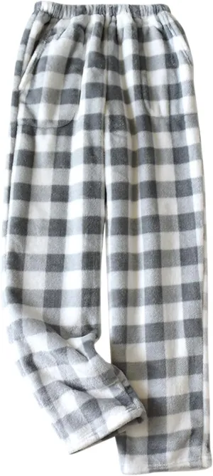 Women Plaid Fleece Pajama Pant Straight Leg Casual Elastic Waist Fluffy Home Trousers Winter Warm Trendy Plush Pants