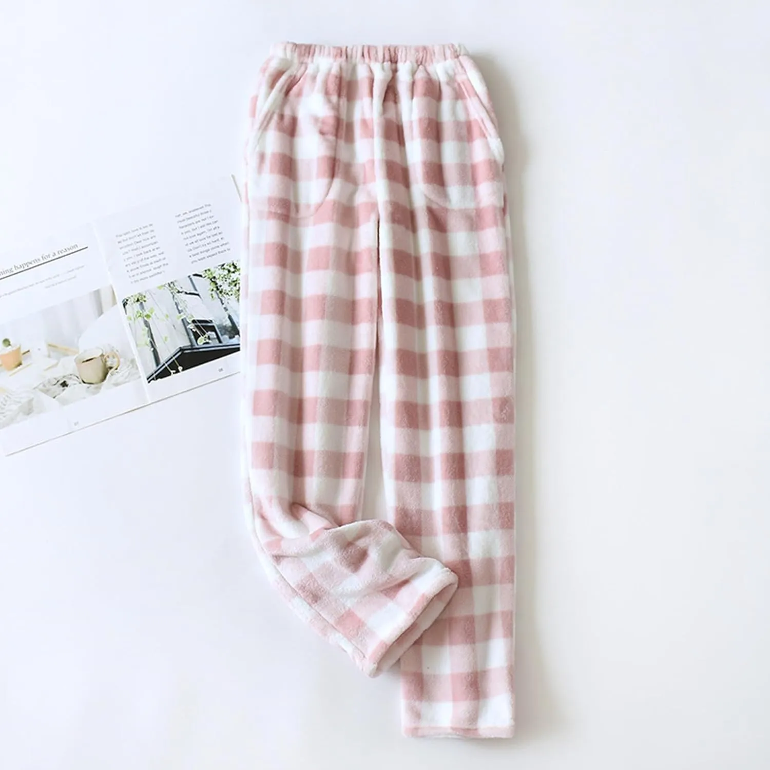 Women Plaid Fleece Pajama Pant Straight Leg Casual Elastic Waist Fluffy Home Trousers Winter Warm Trendy Plush Pants