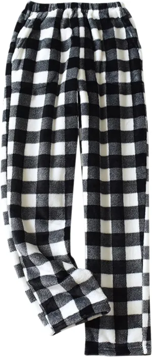 Women Plaid Fleece Pajama Pant Straight Leg Casual Elastic Waist Fluffy Home Trousers Winter Warm Trendy Plush Pants