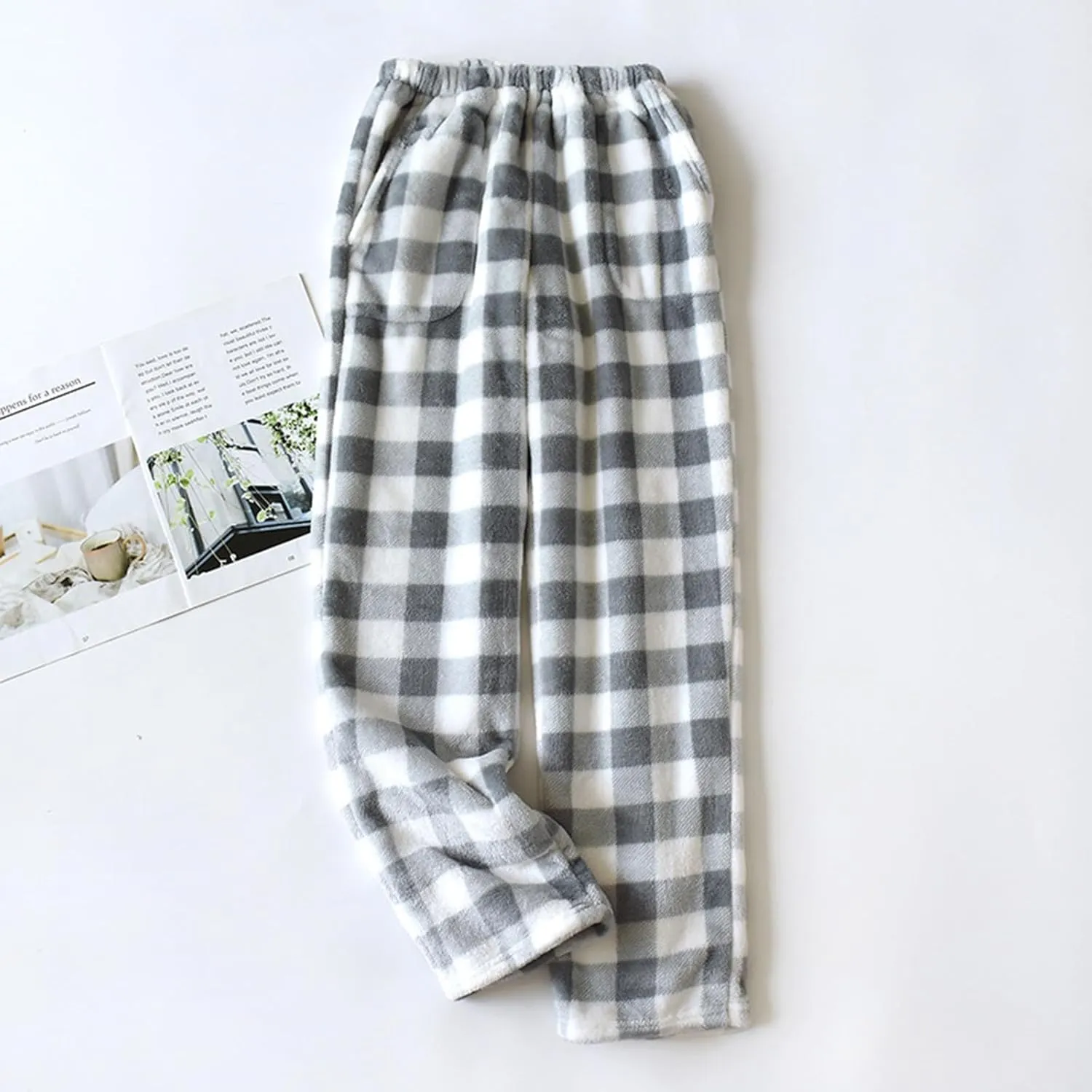 Women Plaid Fleece Pajama Pant Straight Leg Casual Elastic Waist Fluffy Home Trousers Winter Warm Trendy Plush Pants