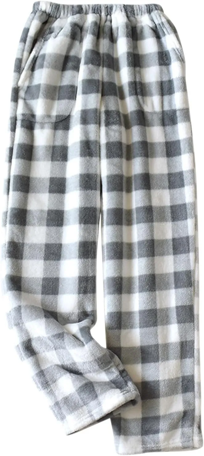 Women Plaid Fleece Pajama Pant Straight Leg Casual Elastic Waist Fluffy Home Trousers Winter Warm Trendy Plush Pants