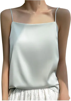 Women Satin Spaghetti Strap Tank Tops Square Neck Sleeveless Cami Shirts Club Party Camisole Summer Basic Undershirt
