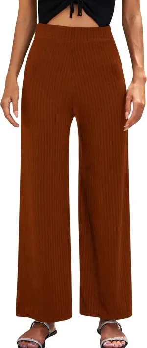 Women Soft Boho Pants Palazzo Solid Pull On Rib Knit Wide Leg Straight Sweat Pants Summer Beach Lounge Bottoms Ankle Trousers