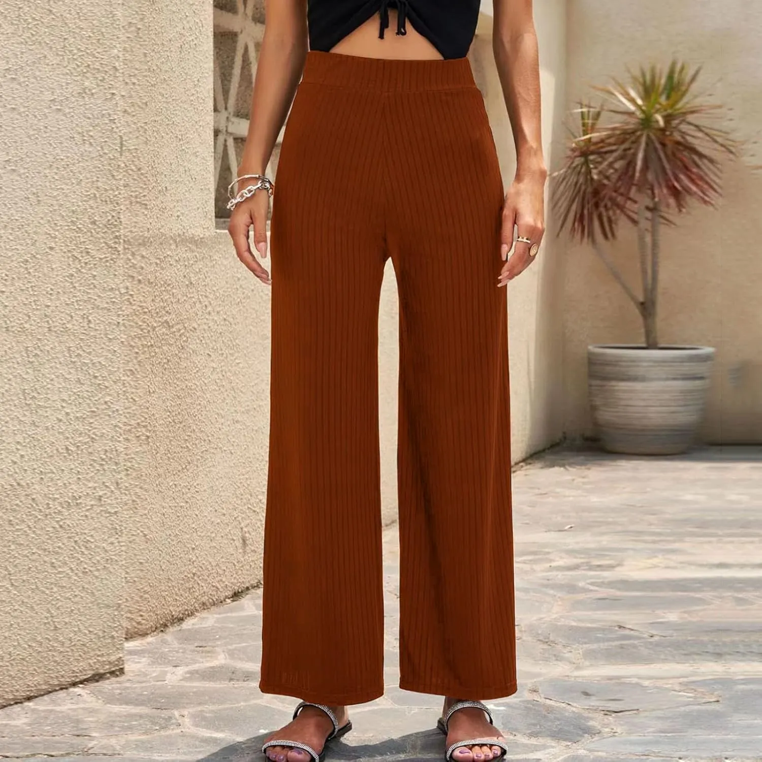 Women Soft Boho Pants Palazzo Solid Pull On Rib Knit Wide Leg Straight Sweat Pants Summer Beach Lounge Bottoms Ankle Trousers