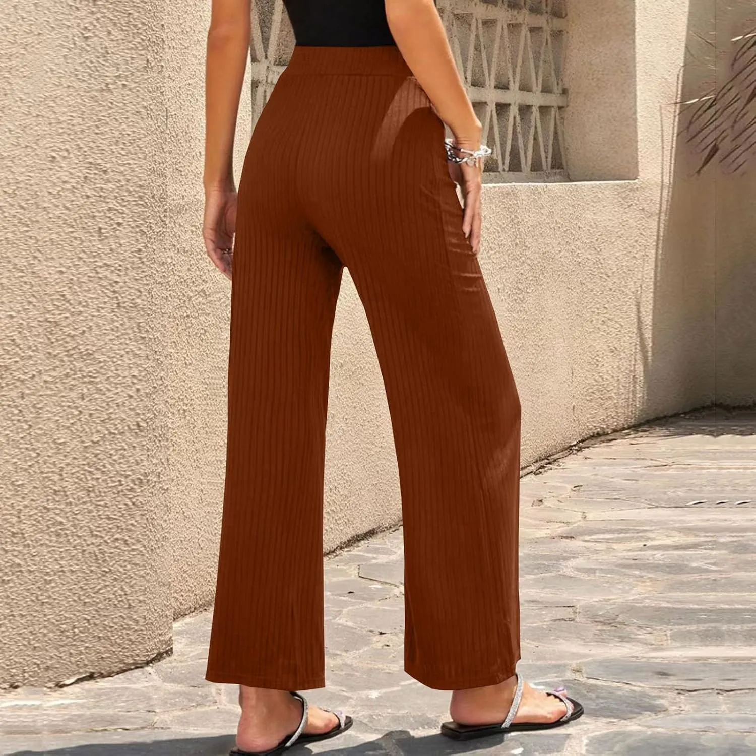 Women Soft Boho Pants Palazzo Solid Pull On Rib Knit Wide Leg Straight Sweat Pants Summer Beach Lounge Bottoms Ankle Trousers
