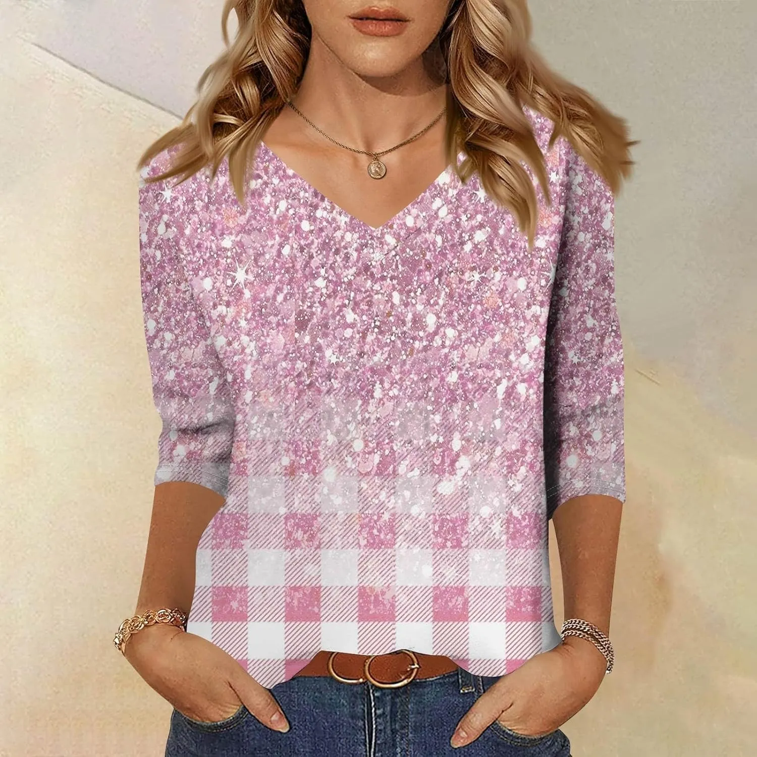 Women Summer 3/4 Length Sleeve Tops V Neck Shirts Casual Tunic 2025 Trendy Graphic Tees Travel Clothing