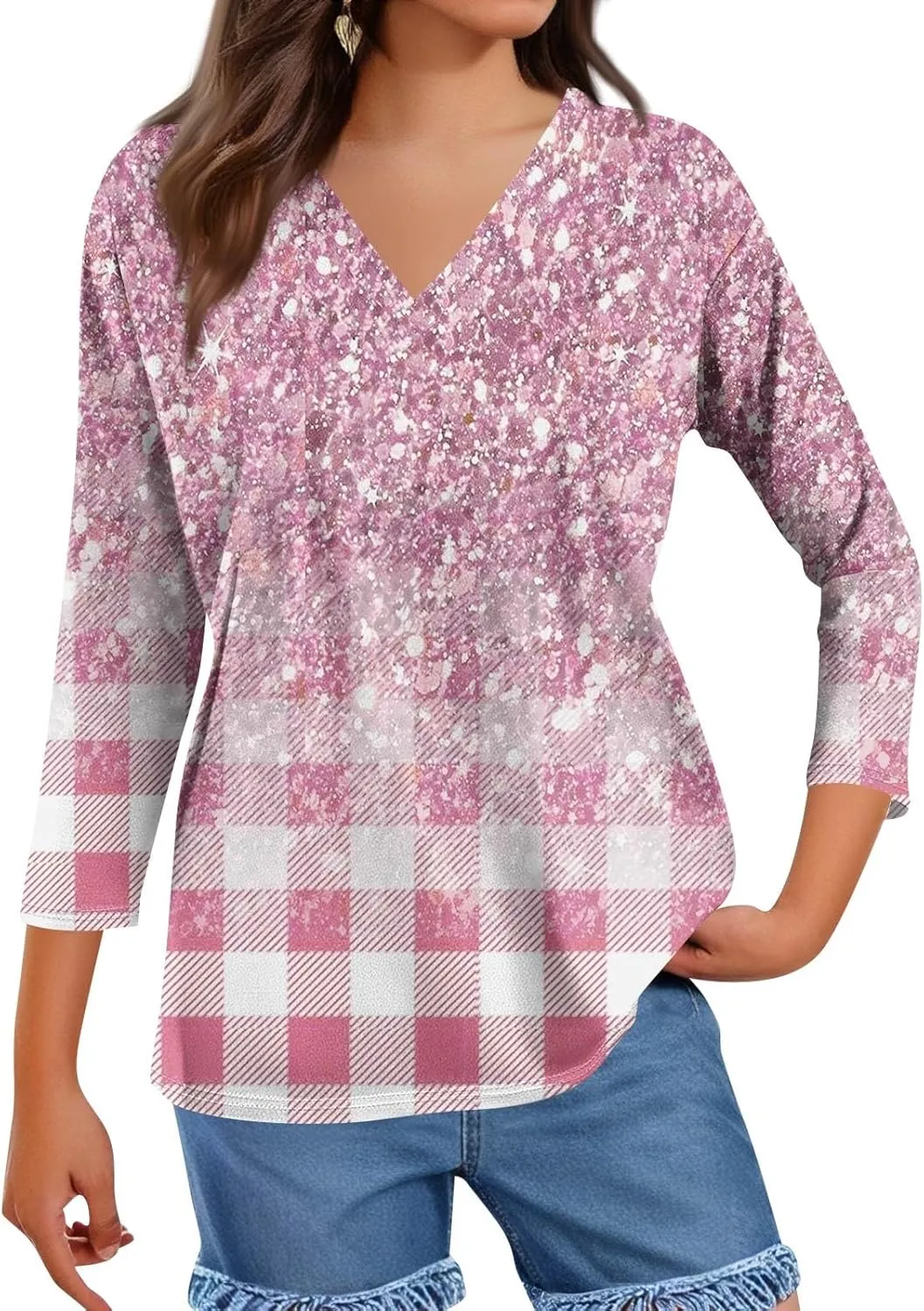 Women Summer 3/4 Length Sleeve Tops V Neck Shirts Casual Tunic 2025 Trendy Graphic Tees Travel Clothing