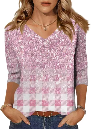 Women Summer 3/4 Length Sleeve Tops V Neck Shirts Casual Tunic 2025 Trendy Graphic Tees Travel Clothing