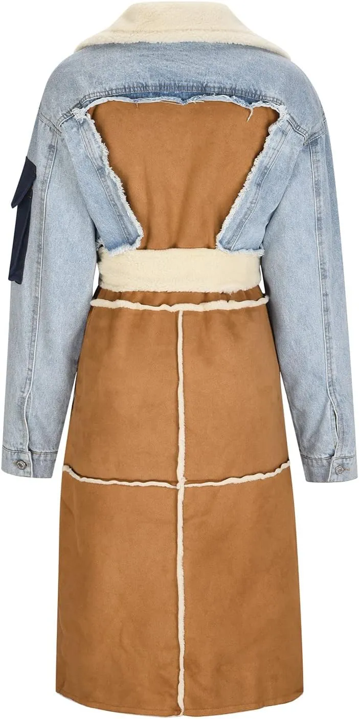 Women Winter Coat Sherpa Fleece Lined Denim Patchwork Jacket Warm Long Outwear With Patch Fashion Streetwear