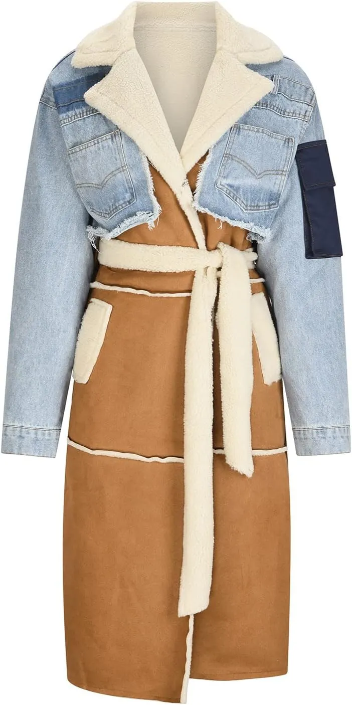 Women Winter Coat Sherpa Fleece Lined Denim Patchwork Jacket Warm Long Outwear With Patch Fashion Streetwear