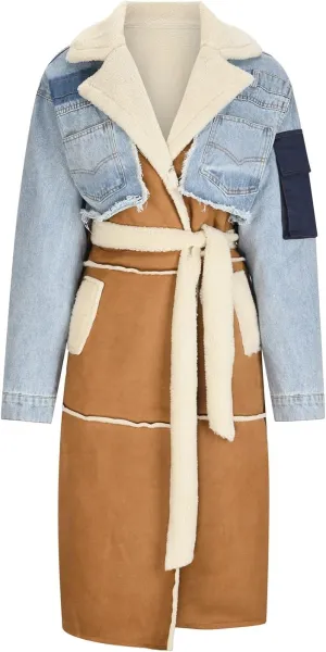 Women Winter Coat Sherpa Fleece Lined Denim Patchwork Jacket Warm Long Outwear With Patch Fashion Streetwear
