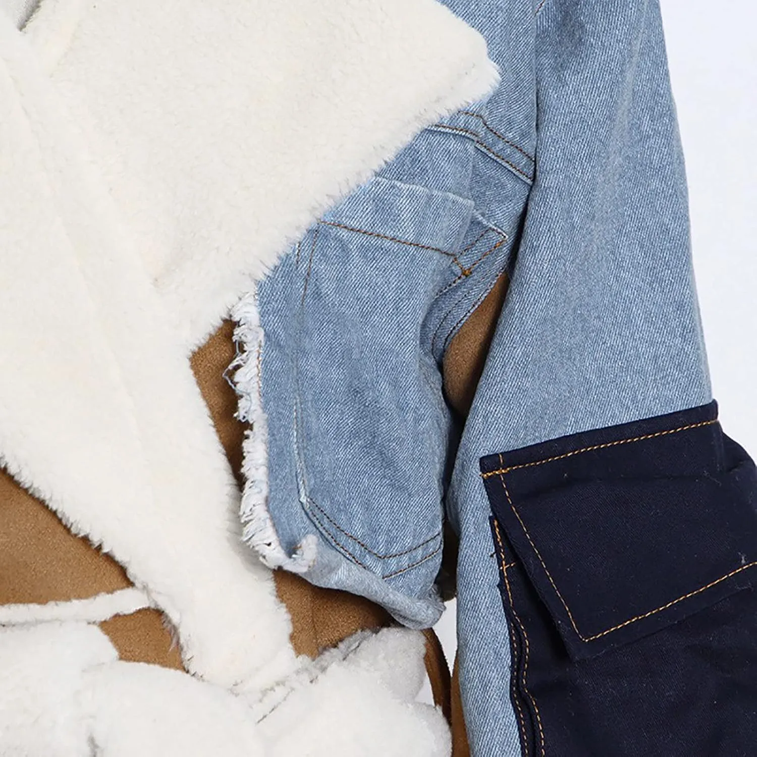 Women Winter Coat Sherpa Fleece Lined Denim Patchwork Jacket Warm Long Outwear With Patch Fashion Streetwear