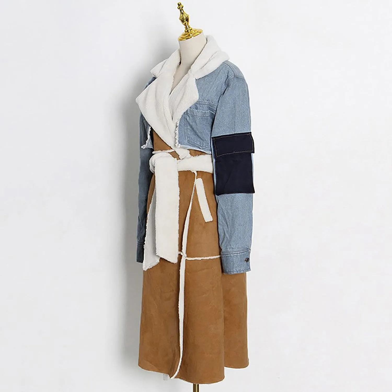 Women Winter Coat Sherpa Fleece Lined Denim Patchwork Jacket Warm Long Outwear With Patch Fashion Streetwear