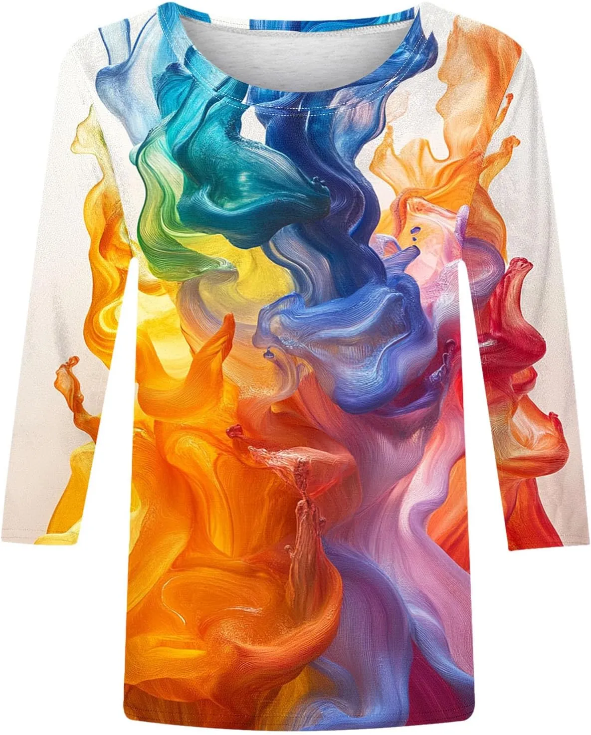 Womens 3/4 Sleeve Flower Floral T Shirts Crew Neck Fashion Casual Loose Fit Tops Ladies Work Blouse Tunic Tees Clothes