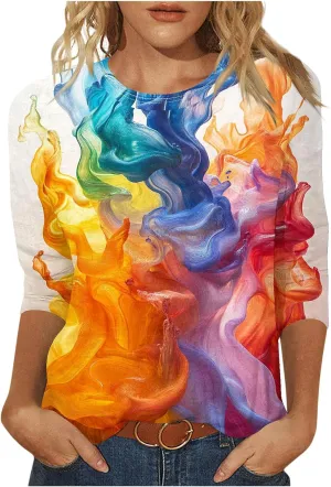 Womens 3/4 Sleeve Flower Floral T Shirts Crew Neck Fashion Casual Loose Fit Tops Ladies Work Blouse Tunic Tees Clothes