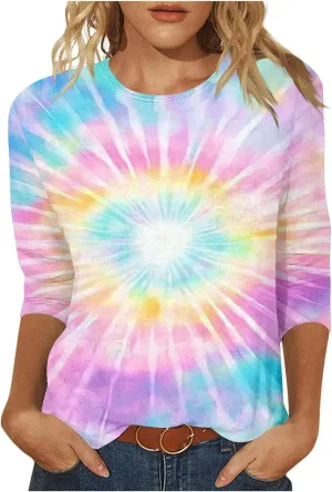 Womens 3/4 Sleeve Flower Floral T Shirts Crew Neck Fashion Casual Loose Fit Tops Ladies Work Blouse Tunic Tees Clothes