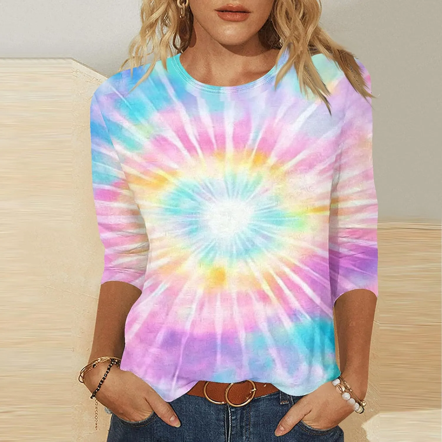 Womens 3/4 Sleeve Flower Floral T Shirts Crew Neck Fashion Casual Loose Fit Tops Ladies Work Blouse Tunic Tees Clothes