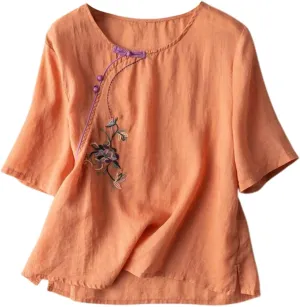 Women's 3/4 Sleeve Linen Shirts Casual Crew Neck T-Shirts Retro Embroidered Loose Fit Summer Tee Shirts