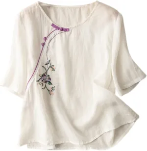 Women's 3/4 Sleeve Linen Shirts Casual Crew Neck T-Shirts Retro Embroidered Loose Fit Summer Tee Shirts