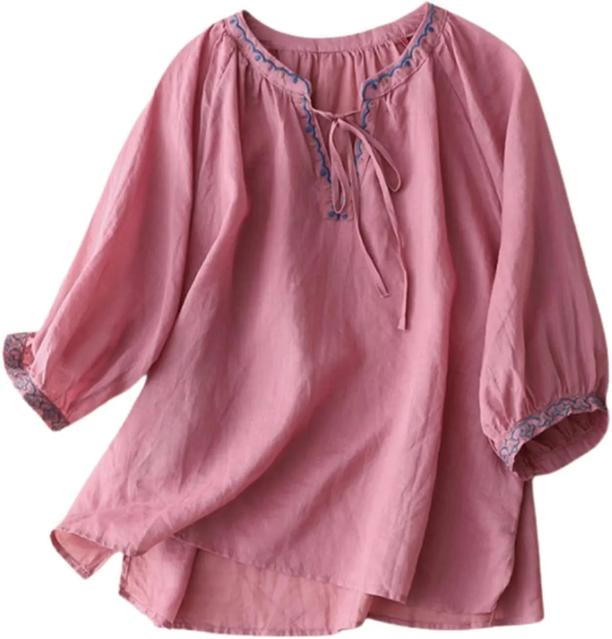 Women's 3/4 Sleeve Linen Shirts Casual Crew Neck T-Shirts Retro Embroidered Loose Fit Summer Tee Shirts