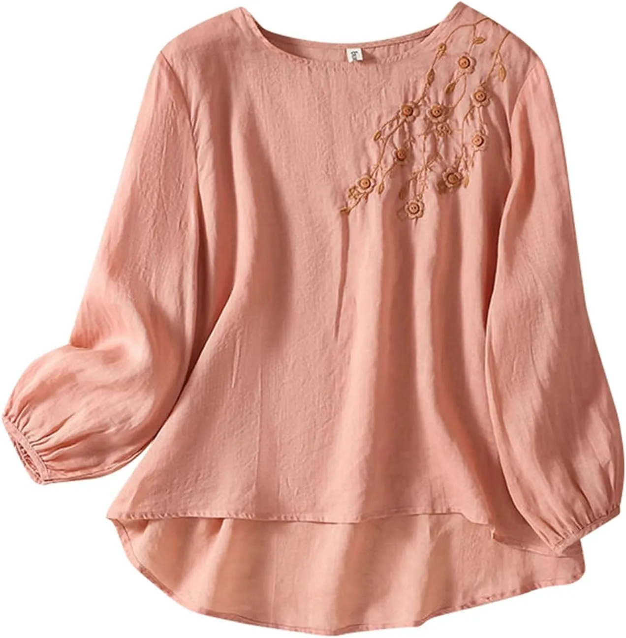 Women's 3/4 Sleeve Linen Shirts Casual Crew Neck T-Shirts Retro Embroidered Loose Fit Summer Tee Shirts
