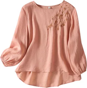 Women's 3/4 Sleeve Linen Shirts Casual Crew Neck T-Shirts Retro Embroidered Loose Fit Summer Tee Shirts