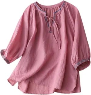 Women's 3/4 Sleeve Linen Shirts Casual Crew Neck T-Shirts Retro Embroidered Loose Fit Summer Tee Shirts