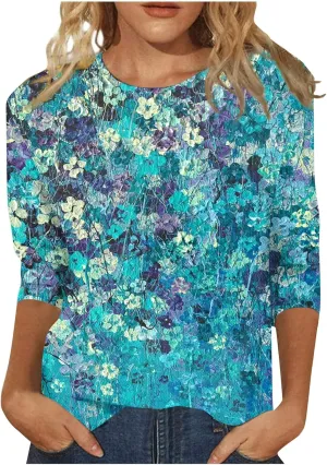 Womens 3/4 Sleeve Tops 2025 Summer Floral Print Round Neck Shirts Loose Fit Three Quarter Sleeve Tshirts