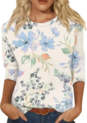 Womens Blouses 3/4 Sleeve Summer Top Graphic Tees Crew Neck T Shirt Flower Print Loose Fit Tunic Casual Tops
