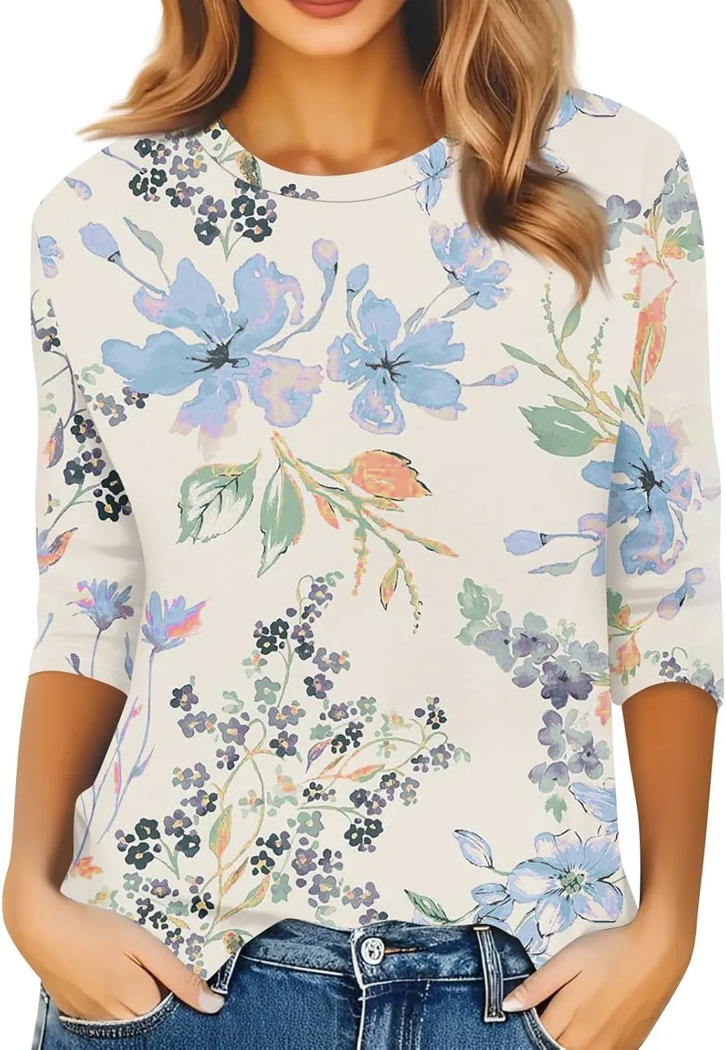 Womens Blouses 3/4 Sleeve Summer Top Graphic Tees Crew Neck T Shirt Flower Print Loose Fit Tunic Casual Tops
