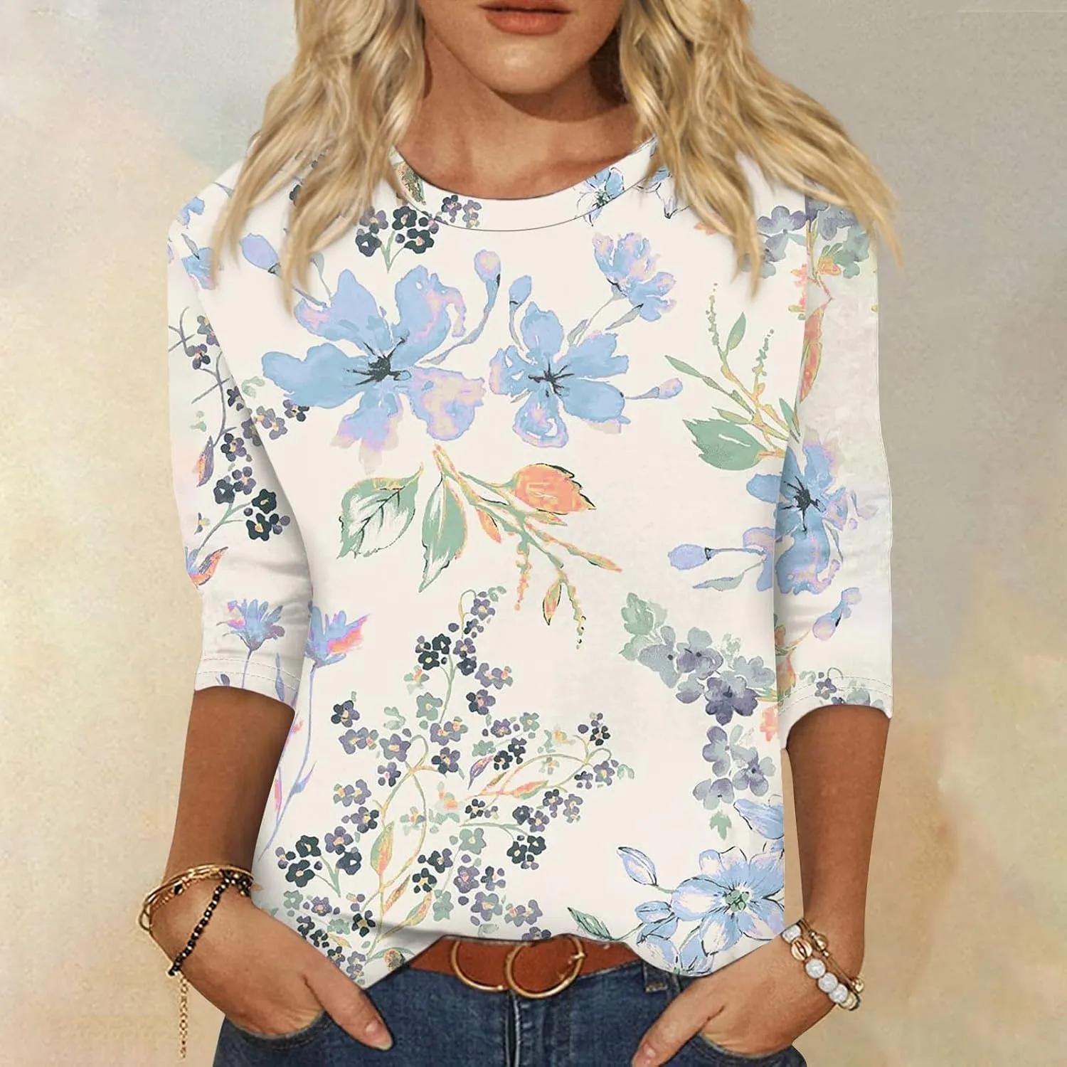 Womens Blouses 3/4 Sleeve Summer Top Graphic Tees Crew Neck T Shirt Flower Print Loose Fit Tunic Casual Tops