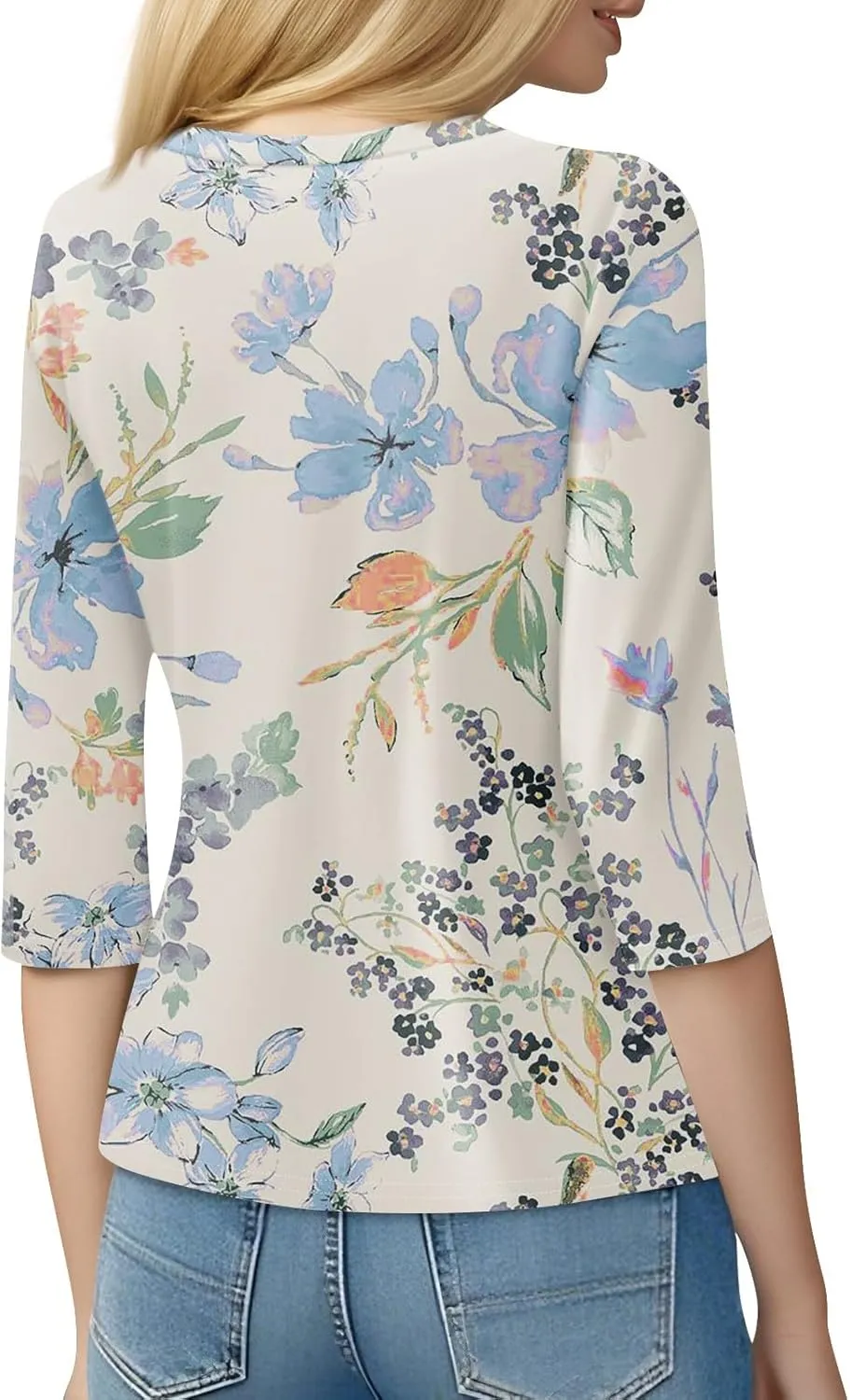 Womens Blouses 3/4 Sleeve Summer Top Graphic Tees Crew Neck T Shirt Flower Print Loose Fit Tunic Casual Tops