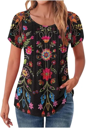Womens Blouses Summer Petal Short Sleeve Tunic Tops Dressy Casual Pleated Floral Print T Shirt Business Work Shirts