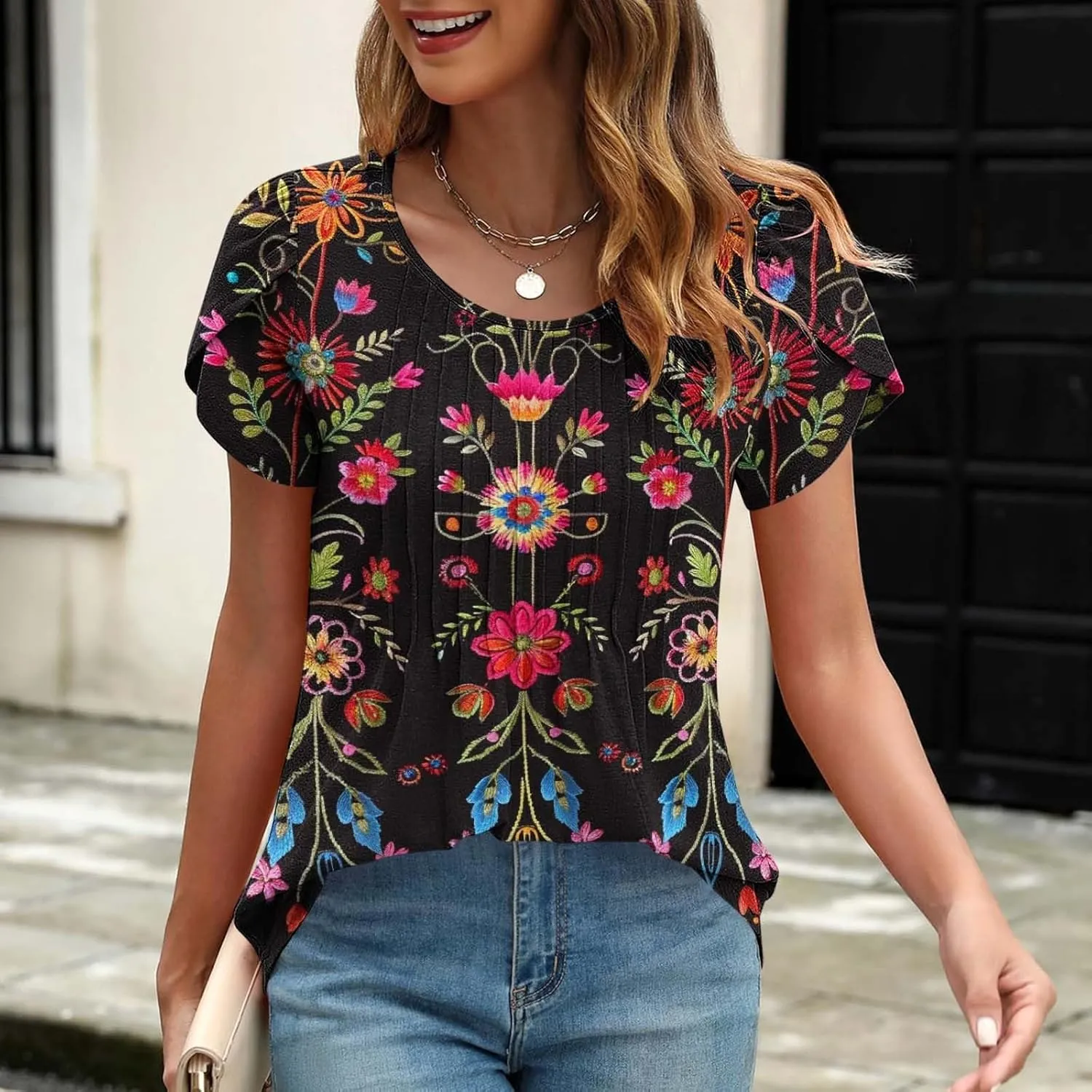 Womens Blouses Summer Petal Short Sleeve Tunic Tops Dressy Casual Pleated Floral Print T Shirt Business Work Shirts