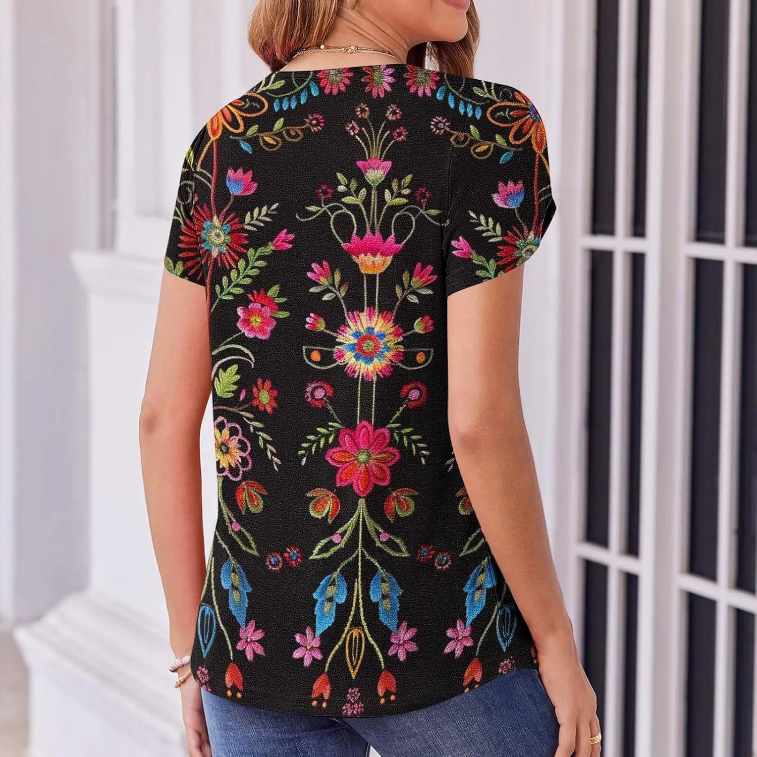 Womens Blouses Summer Petal Short Sleeve Tunic Tops Dressy Casual Pleated Floral Print T Shirt Business Work Shirts