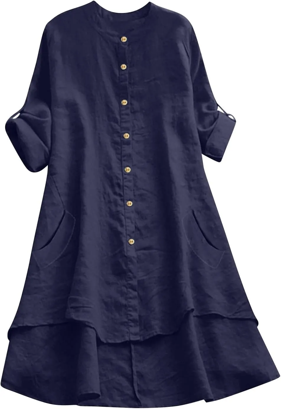 Womens Button Down Shirt Dresses with Pockets Cotton Button Up Tunics Long Sleeve Solid High Low Blouse Tops