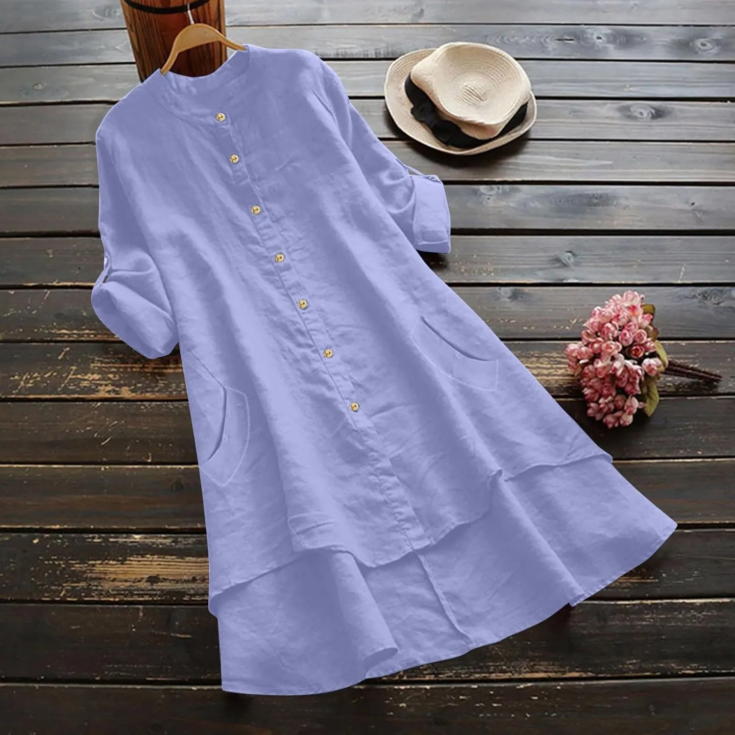 Womens Button Down Shirt Dresses with Pockets Cotton Button Up Tunics Long Sleeve Solid High Low Blouse Tops