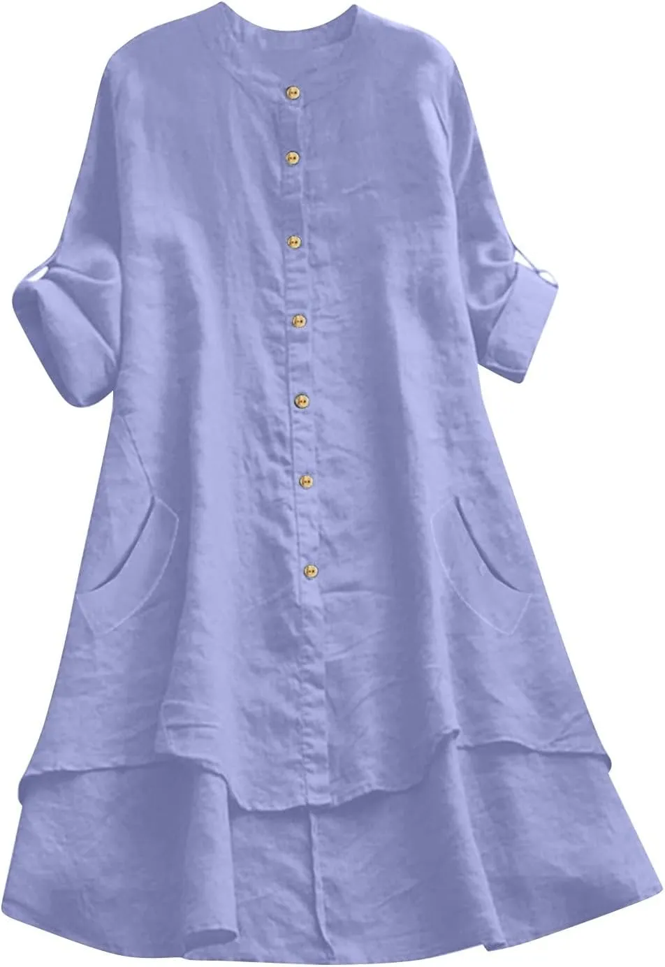 Womens Button Down Shirt Dresses with Pockets Cotton Button Up Tunics Long Sleeve Solid High Low Blouse Tops